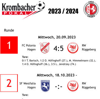 Tore: - RW Rüggeberg -:- SF Westfalia Hagen Mittwoch, 18.10.2023 -  2 Tore: 0:1 T. Bartsch, 1:2 O. Höfinghoff (27.), M. Himmelmann (32.), 1:4 O. Höfinghoff (36.), 3:5 L. Jendrzey (74.) RW Rüggeberg 4:5 FC Polonia Hagen Mittwoch, 20.09.2023 1 Runde                             2023 / 2024